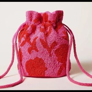 KATE SPADE X TARGET Beaded Classic Rose Drawstring Bucket Bag Pink Red NEW